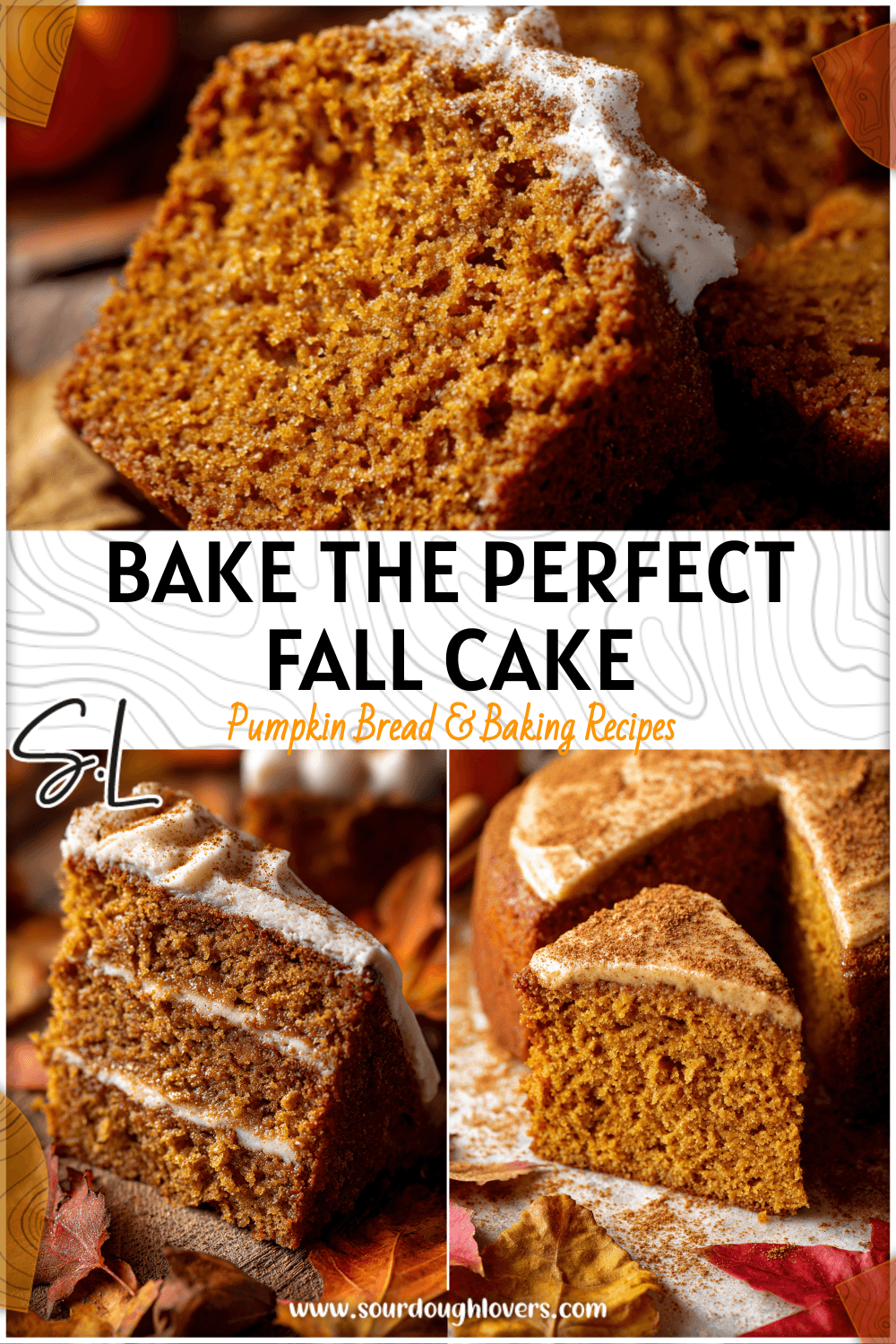 Moist pumpkin chai spice cake slice dusted with cinnamon surrounded by fall leaves.